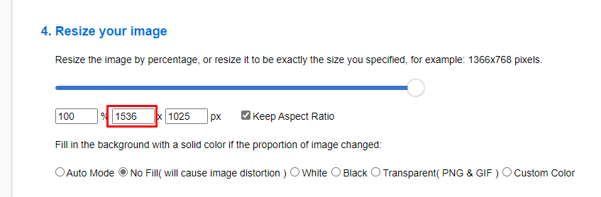 Tela de redimensionamento do Resize Image com Width (largura) em 1536 e Height (altura) em 1025, valor inferior a 2500px.
