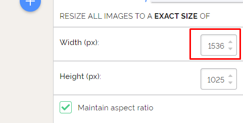 Tela de redimensionamento do ILoveIMG com Width (largura) em 1536px e Height (altura) em 1025px, valor inferior a 2500px.